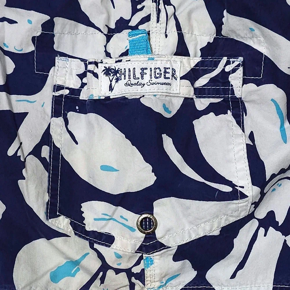 Tommy Hilfiger Floral Board Shorts Mens Large Swim Trunks Navy White Y2K Surf